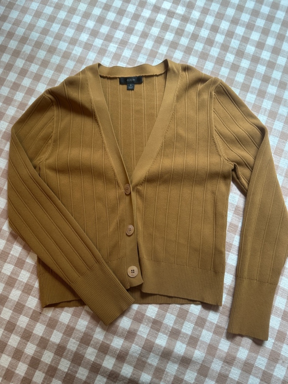 J Crew Woven Rib-Button Cardigan Sweater in Camel